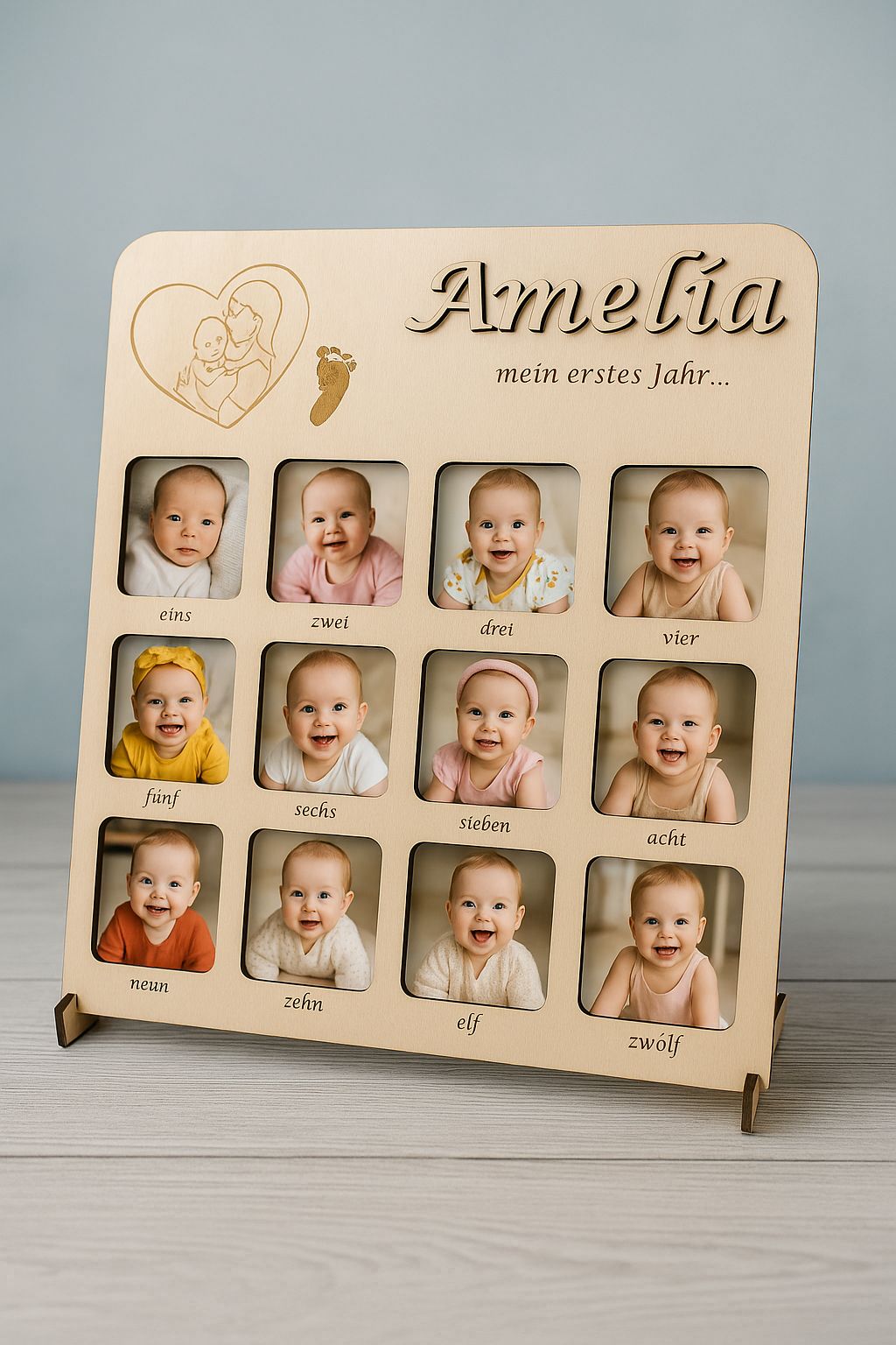 Personalisiertes Baby Foto-Collage „Mein erstes Jahr“ aus Holz – 12 Monatsbilder – Gravur mit Name – Geschenk zur Geburt & Taufe