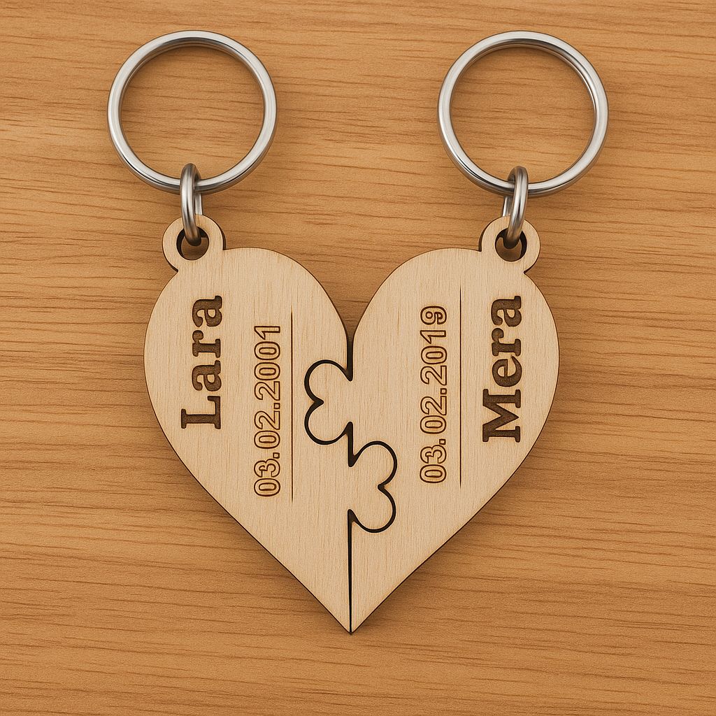 Personalisierter Schlüsselanhänger aus Holz – mit zwei Namen & Datum graviert