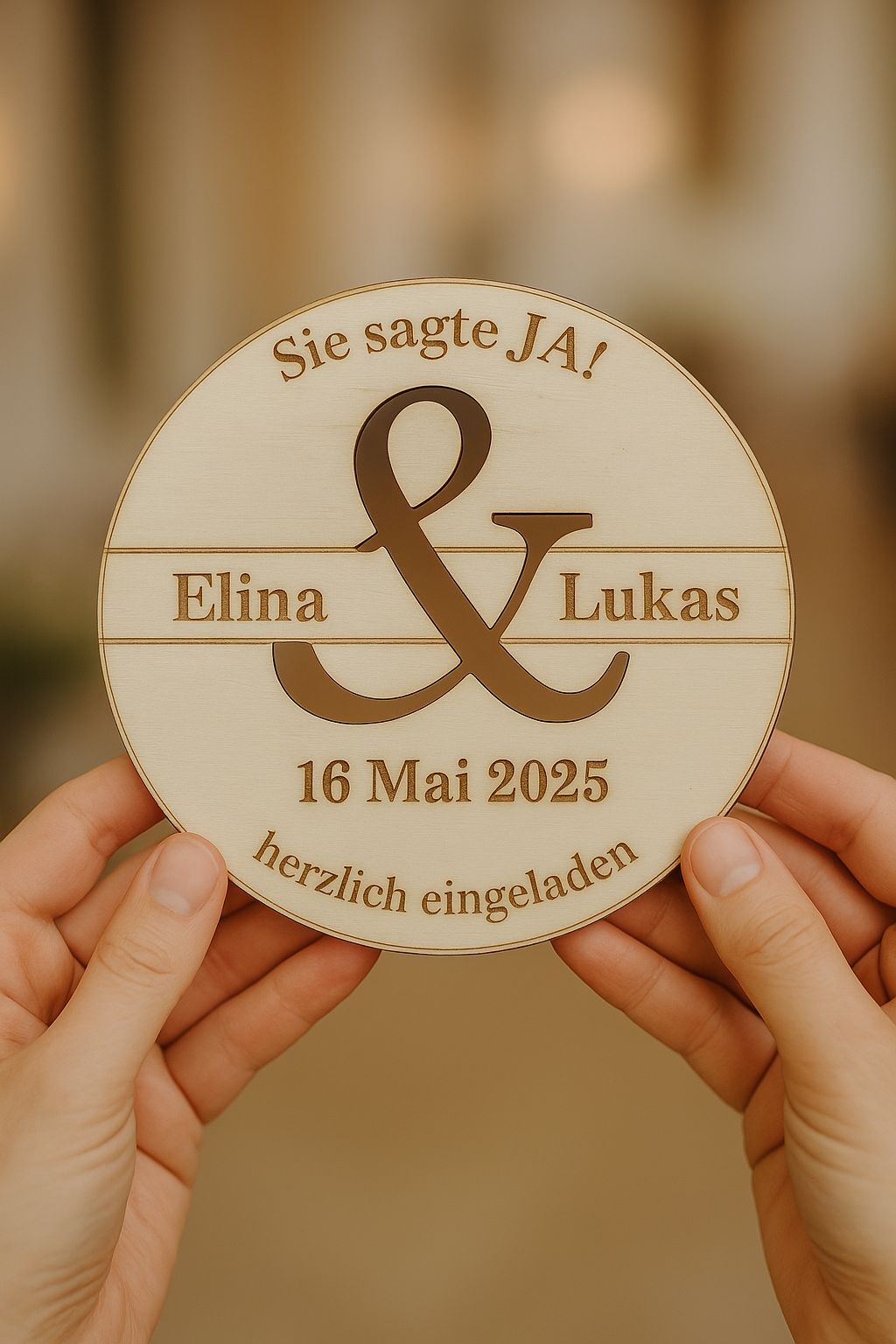 Personalisierte Hochzeitseinladung aus Holz – „Sie sagte JA!“ – mit Namen & Datum