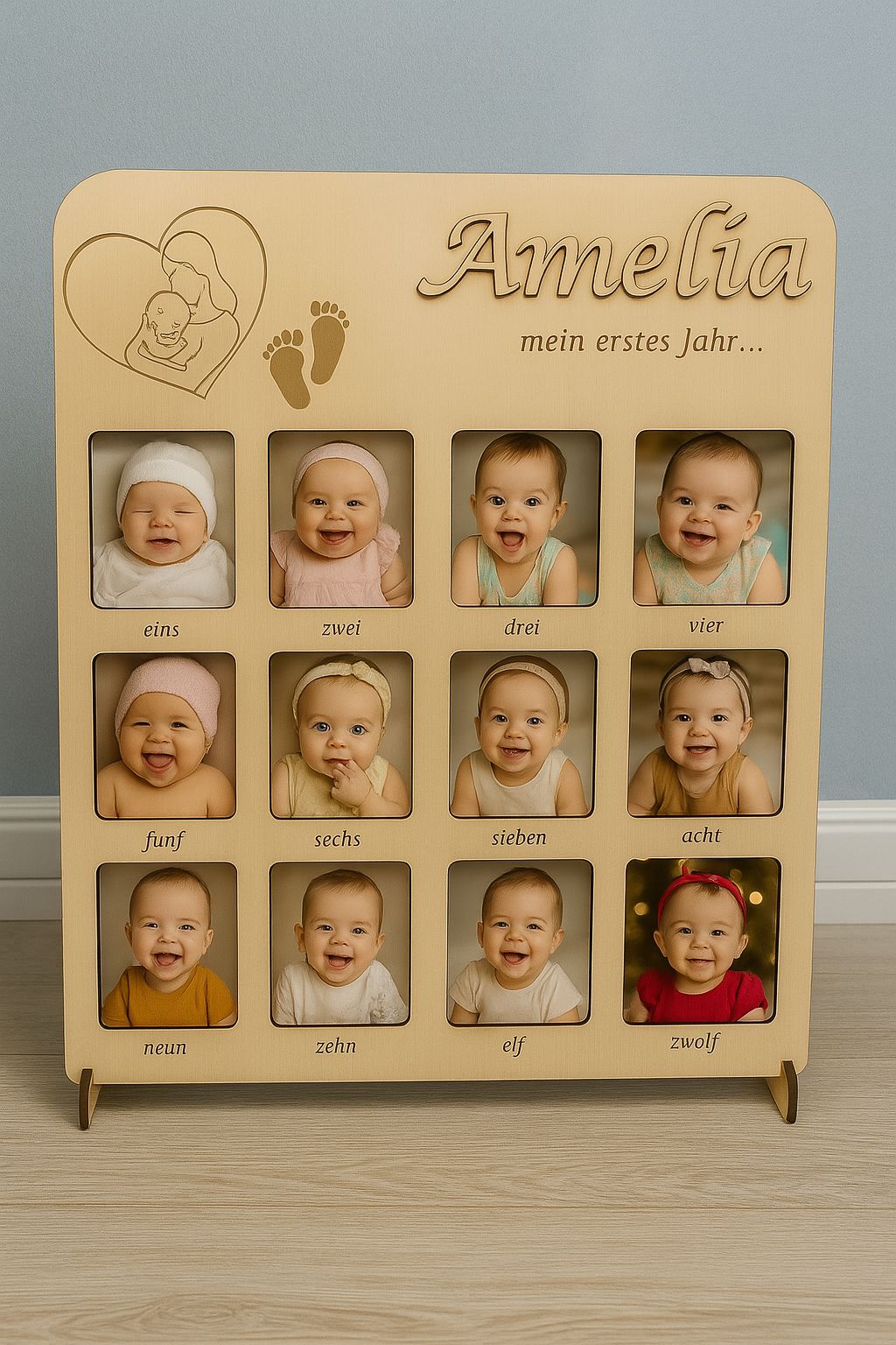 Personalisiertes Baby Foto-Collage „Mein erstes Jahr“ aus Holz – 12 Monatsbilder – Gravur mit Name – Geschenk zur Geburt & Taufe