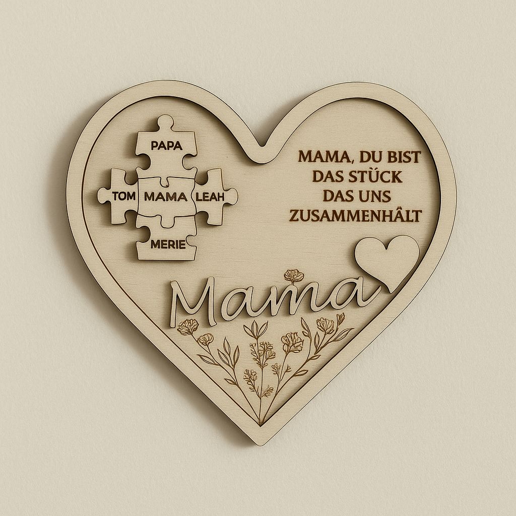 Personalisierte Holz Herz-Deko „Mama“ – mit Kindernamen als Puzzleteile