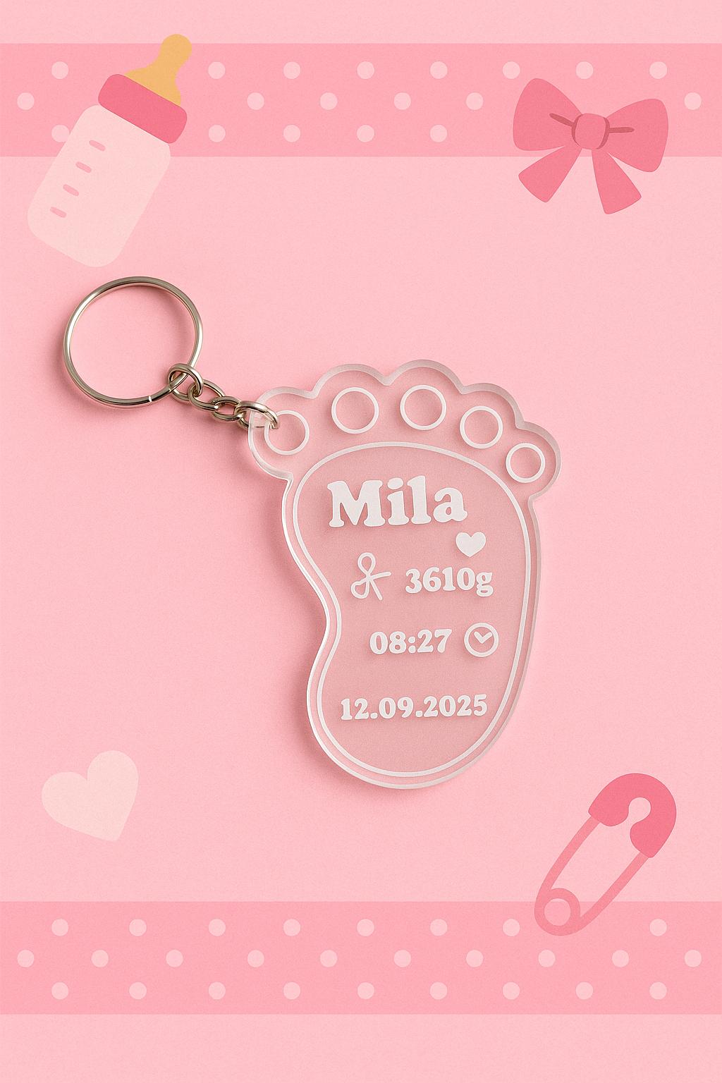 Personalisierter Acryl-Schlüsselanhänger in Fußform – Erinnerung zur Geburt